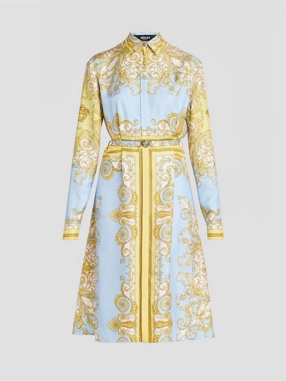 Versace Barocco Silk Twill Midi Shirt Dress Paisley Midi Dress in Blue & Yellow